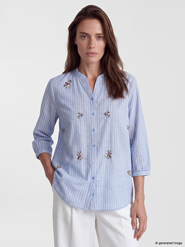 LCW Grace Frilled Notch Neck Striped Women's Shirt