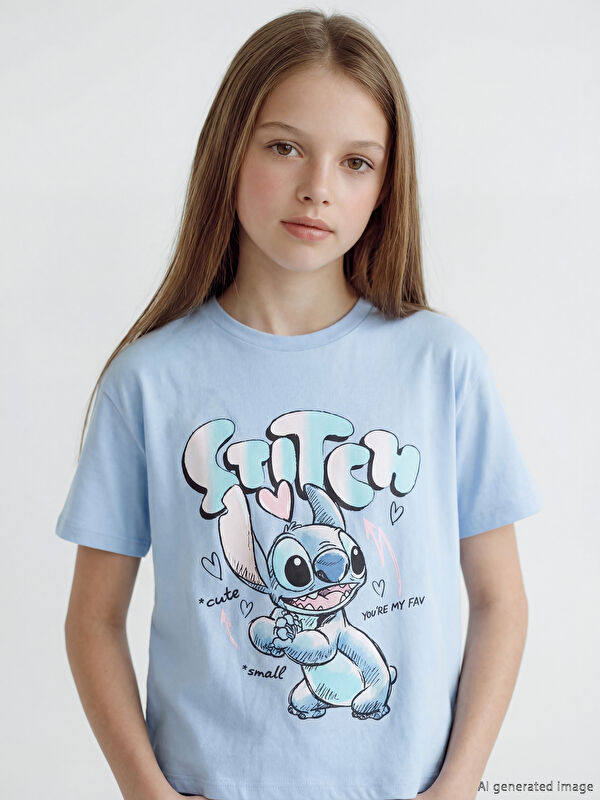 LCW Kids Bisiklet Yaka Stitch Baskılı Kız Çocuk Tişört