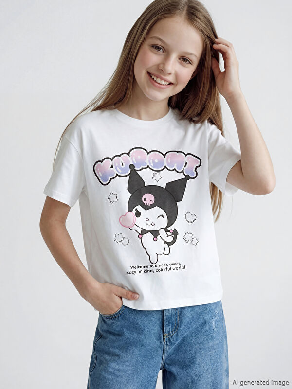 LCW Kids Bisiklet Yaka Kuromi Baskılı Kız Çocuk Tişört