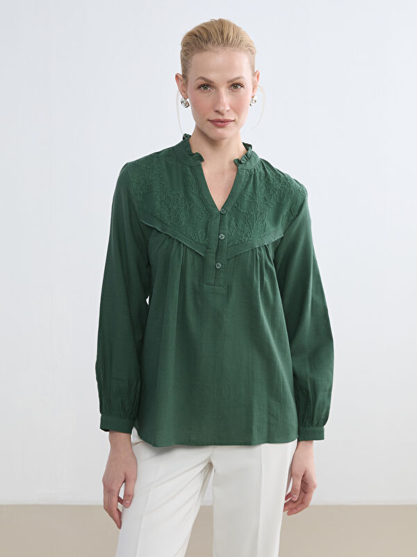 LCW Grace Kerbausschnitt Bestickte Gekräuselte Oversize Bluse