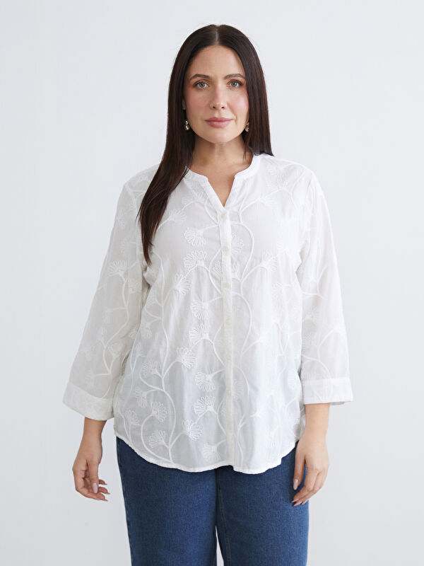 LCW Grace Embroidered Blouse with an Asymmetrical Neckline