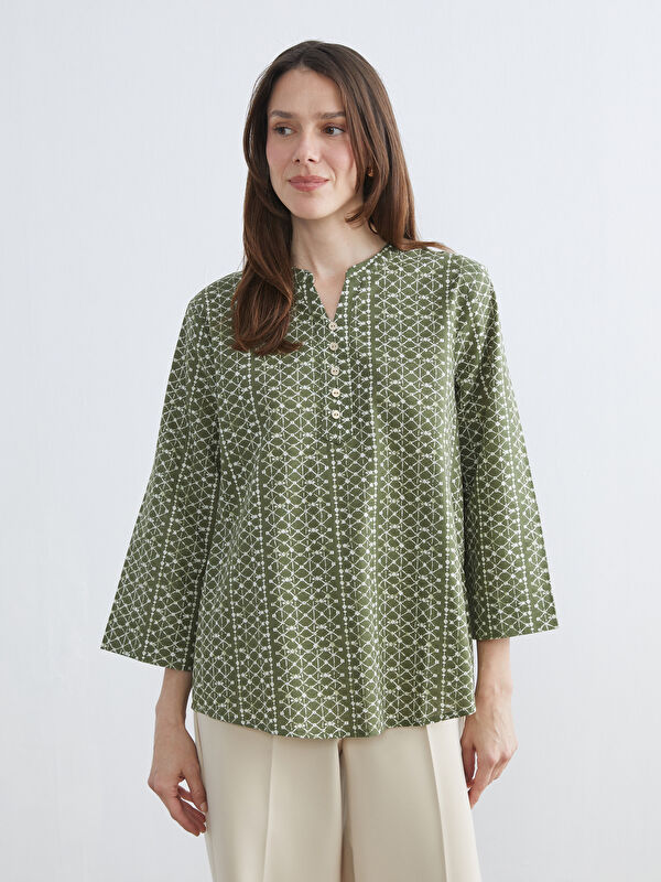 LCW Grace Notch Neck Patterned Linen-Look Blouse
