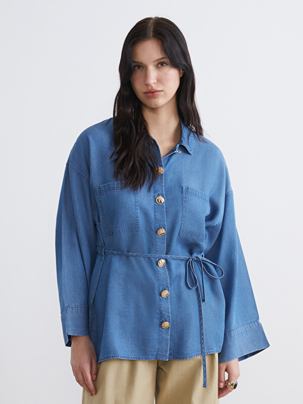 LCW Modest Sash Oversize Women's Denim Shirt Tunic