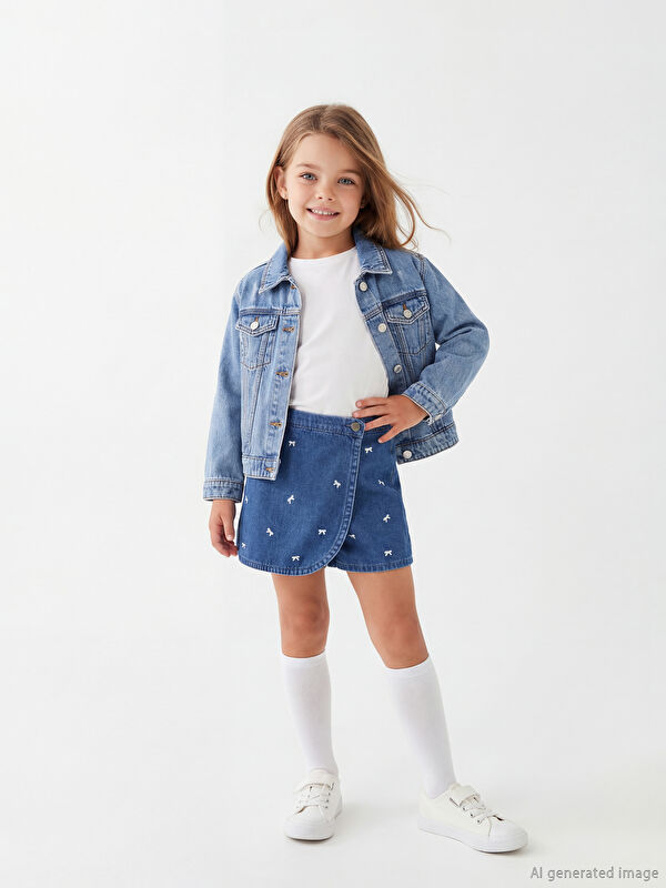 LCW Kids Kurdele Nakışlı Kız Çocuk Jean Şort