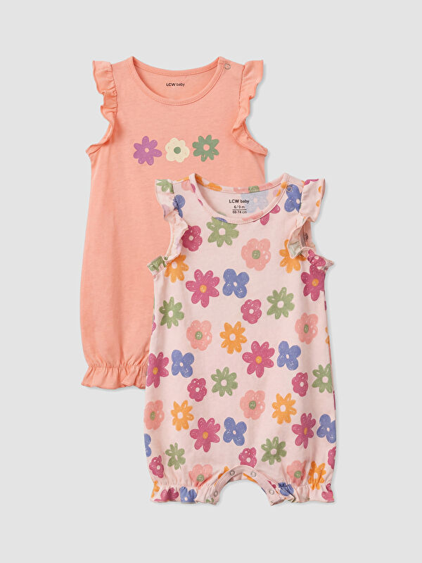 LCW baby Crew Neck Printed Baby Girls' 2 Pack Jersey Jumpsuit
