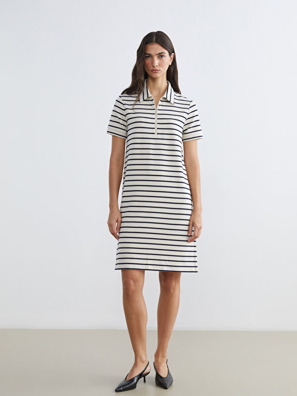 LCW EVERYDAY Polo Collar Striped Mini Dress