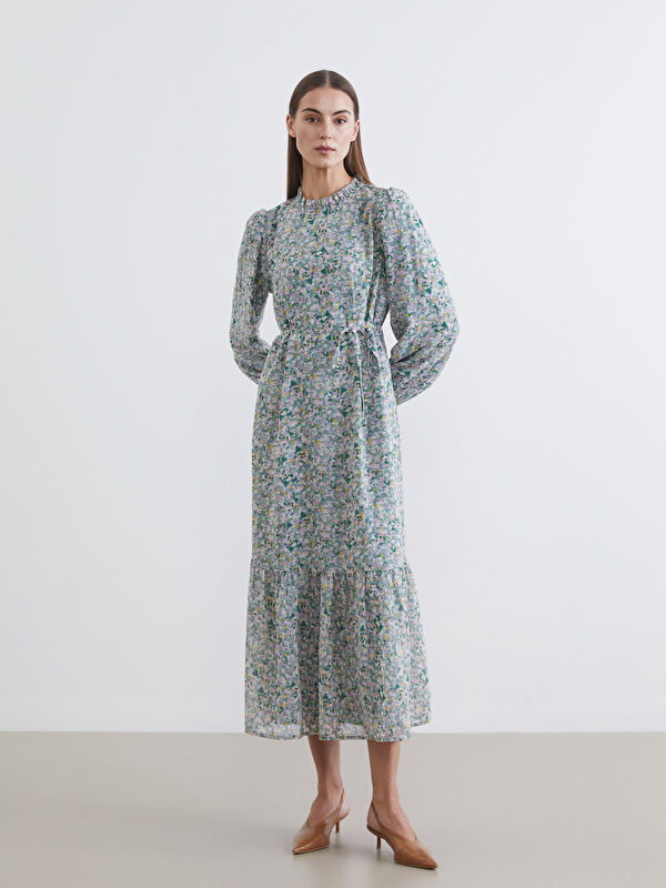 LCW EVERYDAY Ruffled High-Neck Floral Chiffon Dress