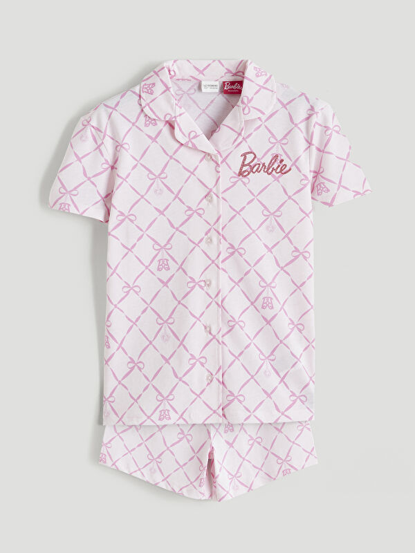 LCW Kids Gömlek Yaka Barbie Baskılı Kız Çocuk Şortlu Pijama Takımı