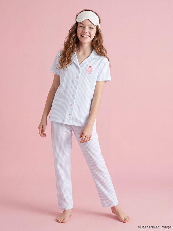 LCW Kids Collared Neck Striped Girls' Pyjamas Set