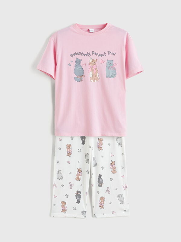 LCW Kids Baskılı Kız Çocuk Kaprili Pijama Takımı