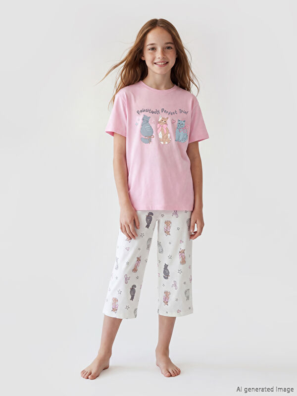 LCW Kids Baskılı Kız Çocuk Kaprili Pijama Takımı