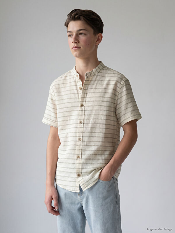 LCW Kids Boys' Striped Grandad Collar Short Sleeve Shirt