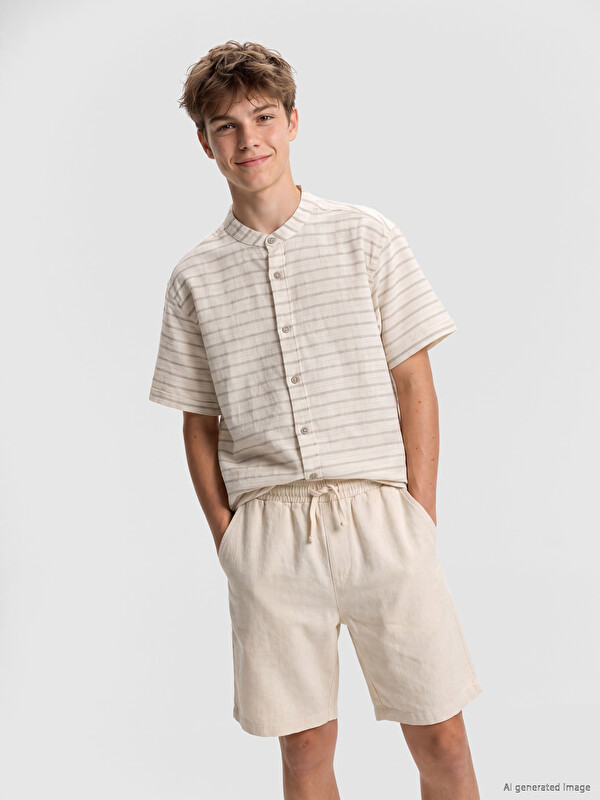 LCW Kids Boys' Striped Grandad Collar Short Sleeve Shirt