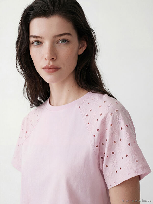 LCW Comfort Crew Neck Embroidered Detail Blouse