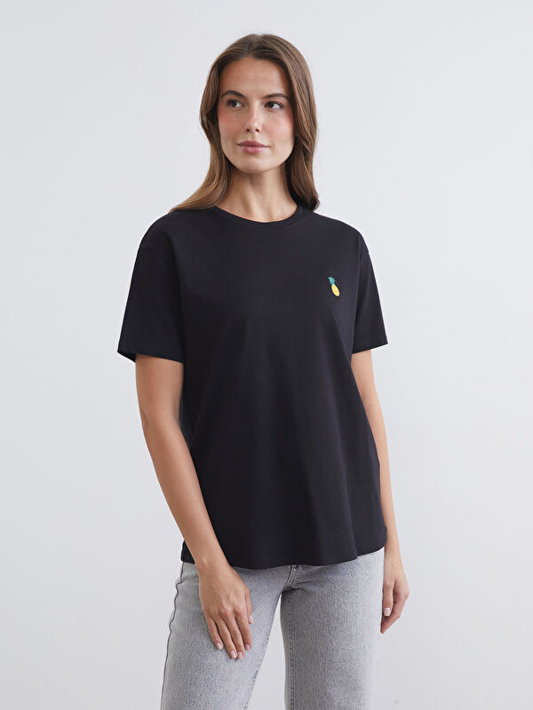 LCW Comfort Crew Neck Pineapple Embroidered Women's T-Shirt