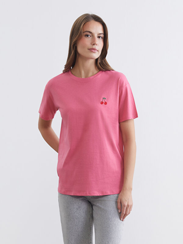 LCW Comfort Cherry Besticktes Damen-T-Shirt mit Rundhalsausschnitt