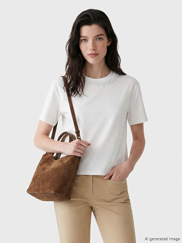 LCW Comfort Rundhalsausschnitt Perlenbesetztes Damen T-Shirt