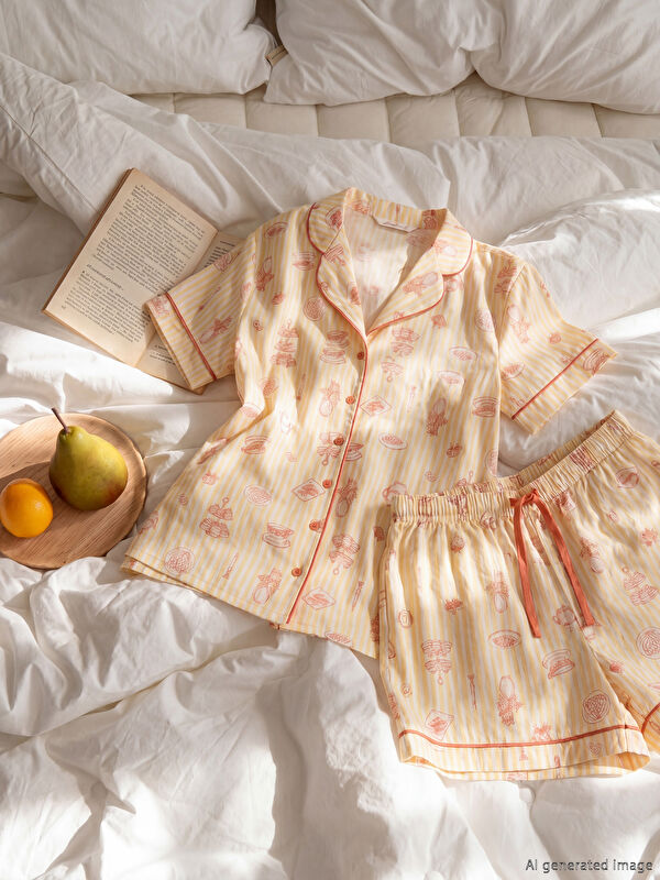 LCW DREAM Gömlek Yaka Desenli Kadın Şortlu Pijama Takımı