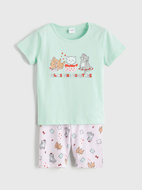 LCW Kids Kedi Baskılı Kız Çocuk Şortlu Penye Pijama Takımı