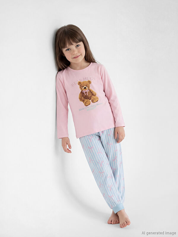 LCW Kids Bisiklet Yaka Baskılı Kız Çocuk Pijama Takım