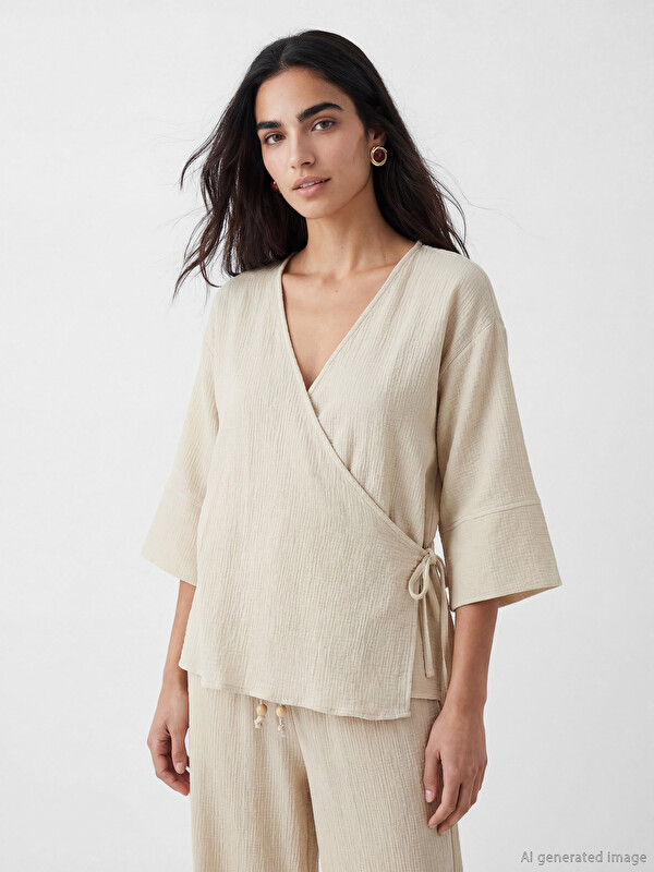 LCW Vision Double Breasted Collar Women's Muslin Kimono