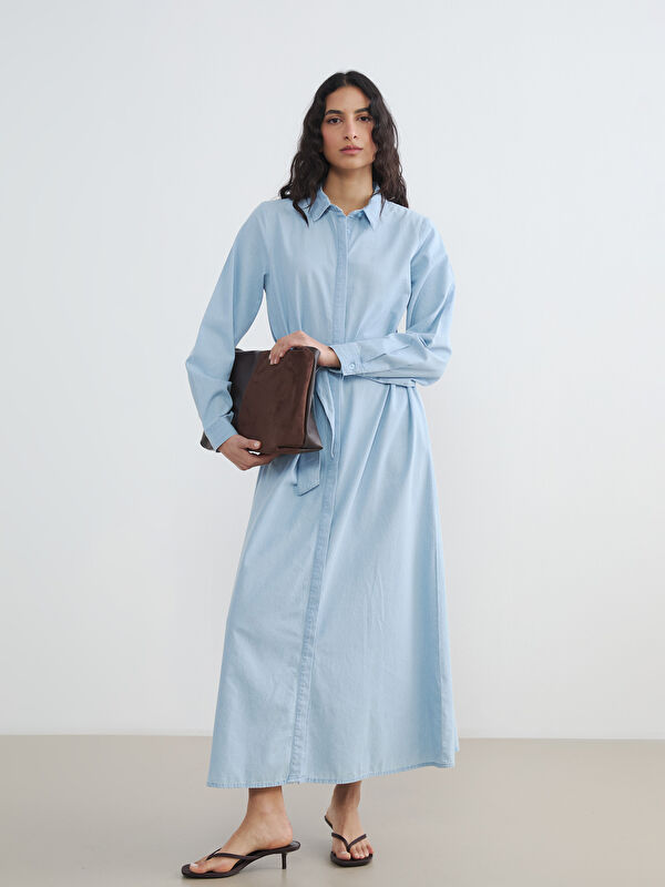 LCW Modest Collared Neck Belted Denim Dress
