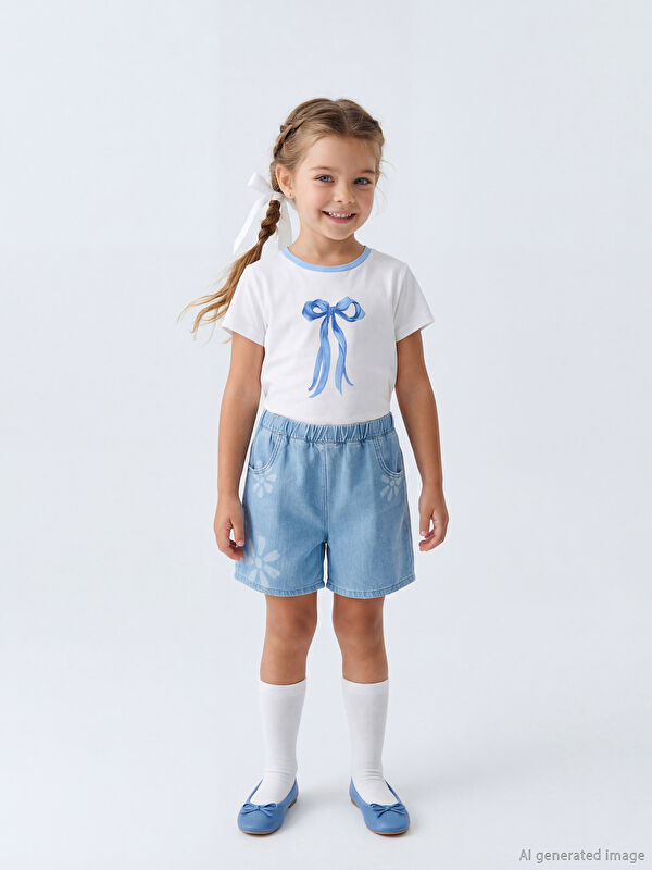 LCW Kids Beli Lastikli Çiçek Baskılı Kız Çocuk Jean Şort