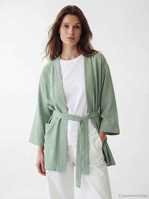 LCW Modest Shawl Collar Sash Oversize Women's Kimono