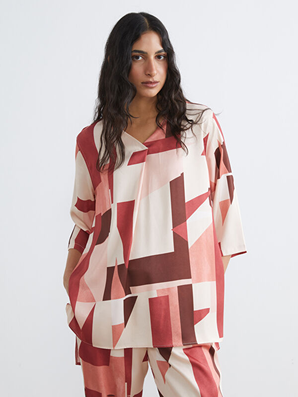 LCW Modest V Neck Patterned Oversize Satin Women's Tunic