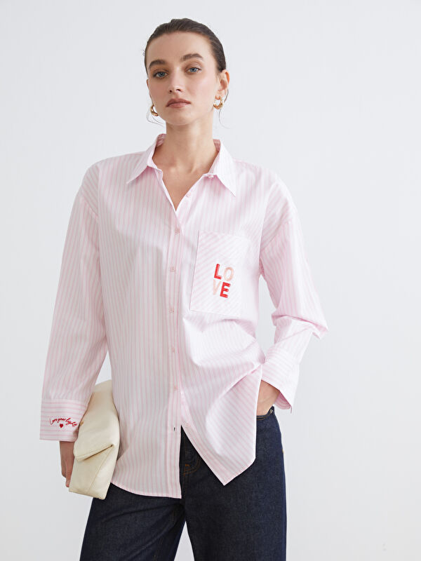 LCW Comfort Besticktes Oversize-Popeline-Damenhemd