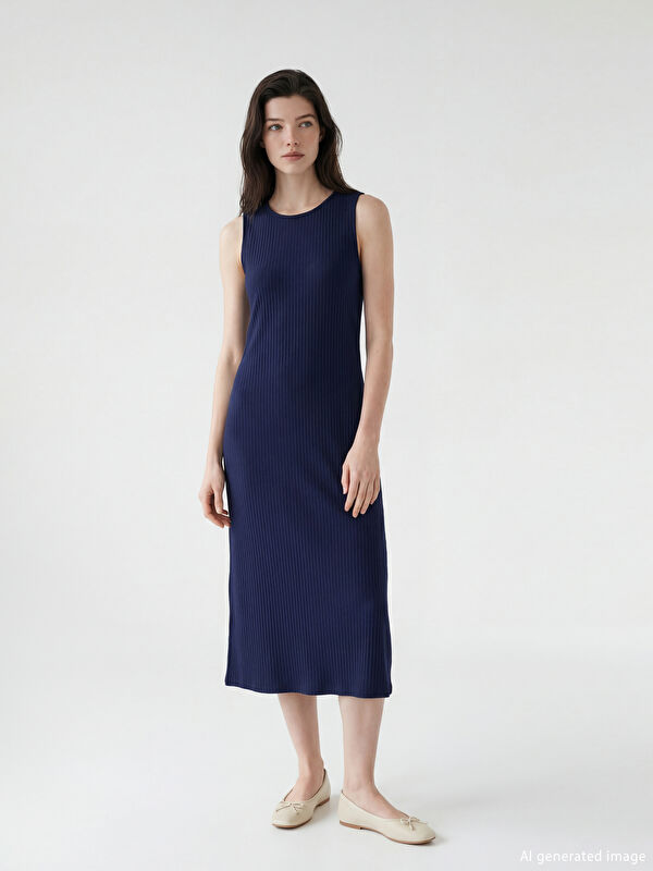LCW Comfort Crew Neck Ribbed Slit Dress