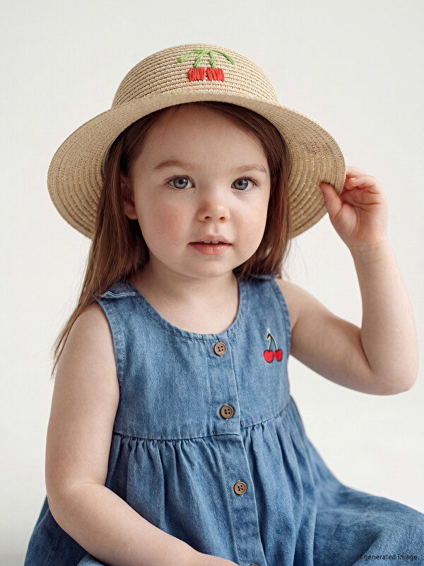 LCW ACCESSORIES Kiraz Nakışlı Hasır Kız Bebek Şapka