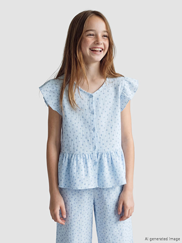 LCW Kids V Yaka Çiçekli Müslin Kız Çocuk Gömlek
