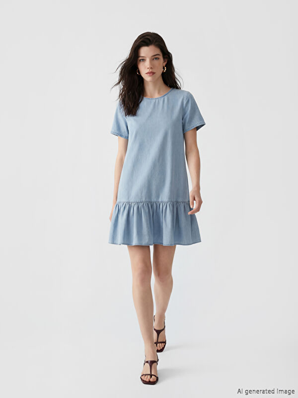 LCW Comfort Crew Neck Frilled Mini Denim Dress