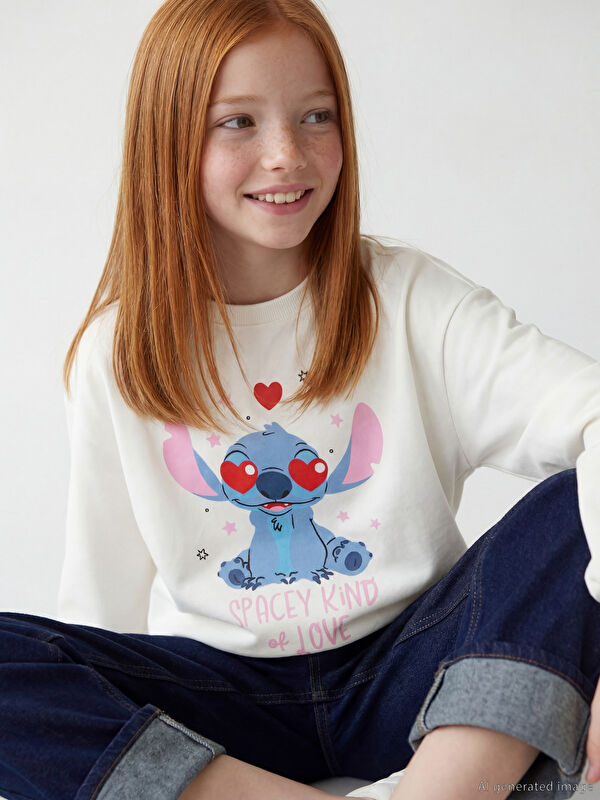 LCW Kids Stitch Baskılı Kız Çocuk Sweatshirt