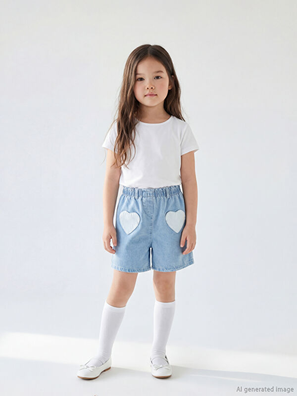 LCW Kids Beli Lastikli Kalp Nakışlı Kız Çocuk Jean Şort
