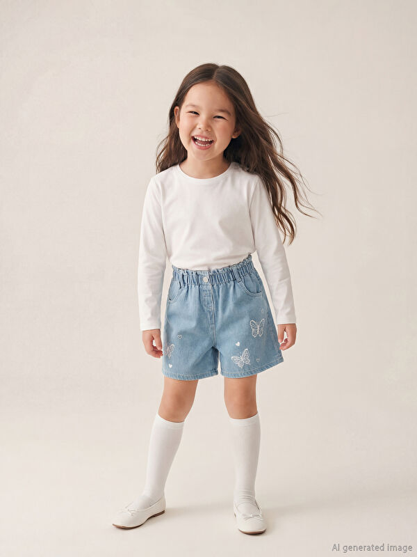 LCW Kids Beli Lastikli Kelebek Baskılı Kız Çocuk Jean Şort