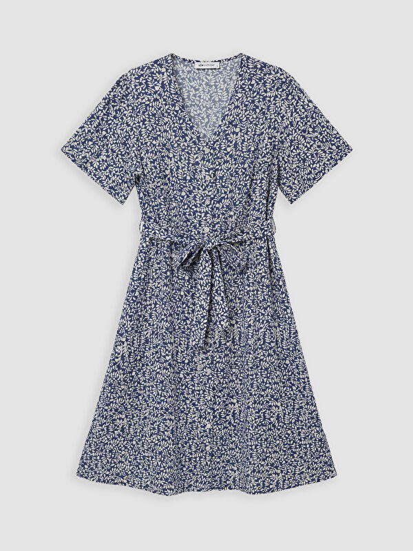 LCW EVERYDAY V Neck Short Sleeve Sash Floral Women's Dress