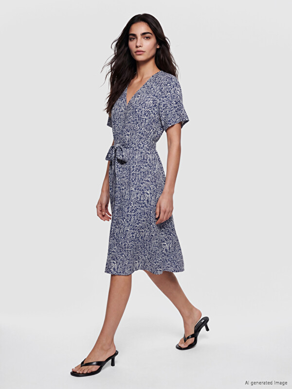 LCW EVERYDAY V Neck Short Sleeve Sashed Floral Dress