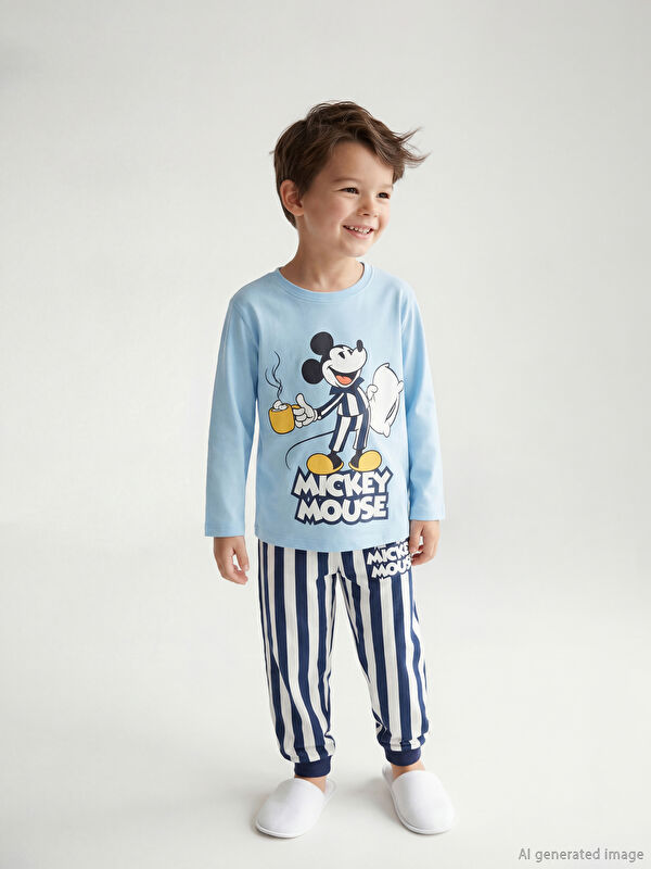 LCW Kids Bisiklet Yaka Uzun Kollu Mickey Mouse Baskılı Erkek Bebek Pijama Takımı