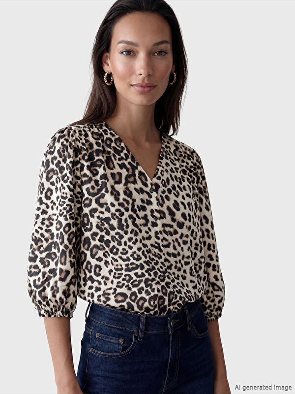 LCWAIKIKI Classic Women's V Neck Leopard Print Blouse