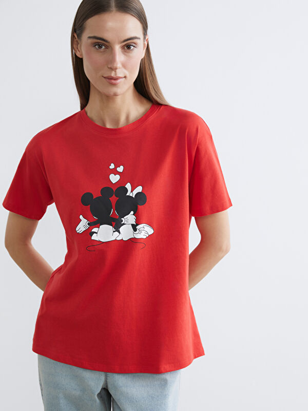 LCW Comfort Women's T-shirt with Mickey and Minnie Mouse Print