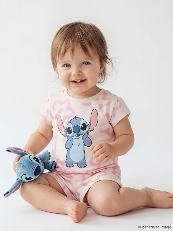 LCW baby Stitch Baskılı Kız Bebek Tişört ve Şort
