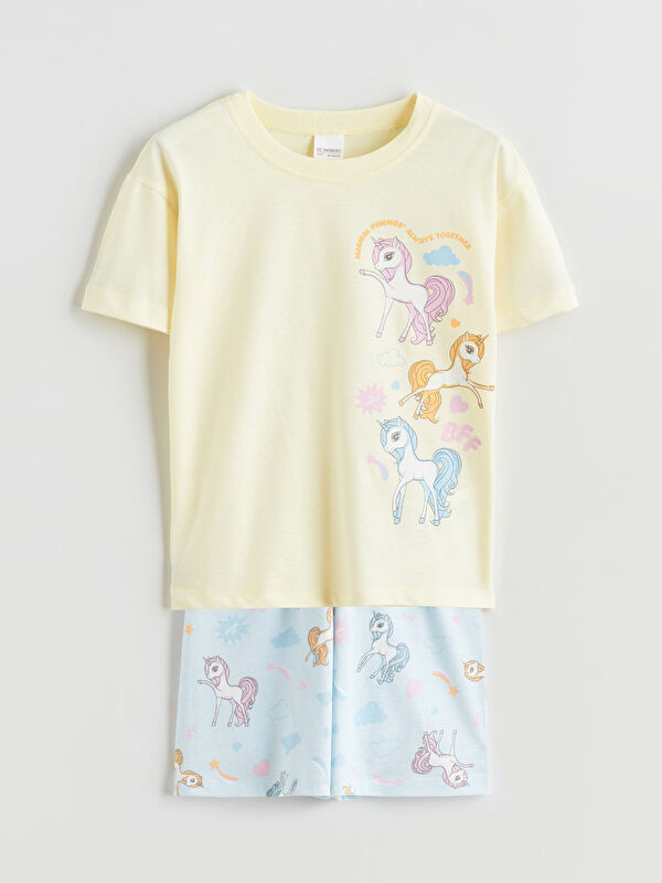 LCW Kids Crew Neck Printed Girls' Pyjama Set with Shorts