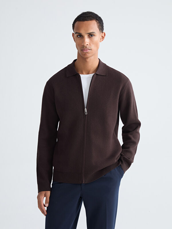 LCW Vision Men's Knitted Cardigan with Polo Collar in a Regular Fit