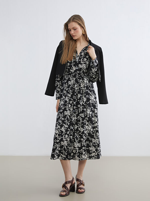 LCW Vision Floral Poplin Shirt Dress with Belted Waist