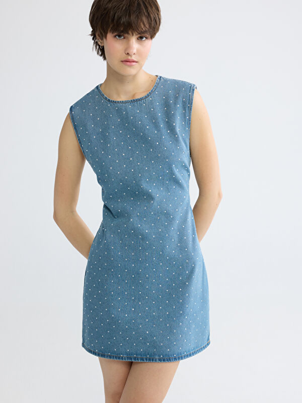 XSIDE Rundhalsausschnitt Strasssteinchen Verziertes Mini-Denim-Kleid