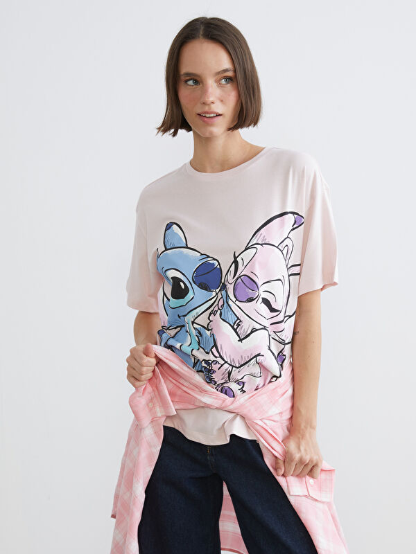 XSIDE Rundhalsausschnitt Stitch und Angel Bedrucktes Damen T-Shirt