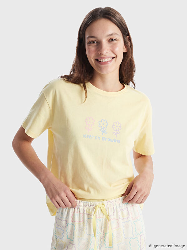 LCW Young Bisiklet Yaka Baskılı Kadın Pijama Takım