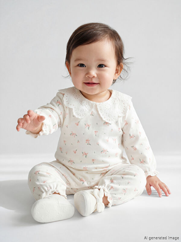 LCW baby Bebe Yaka Çiçekli Kız Bebek Tulum